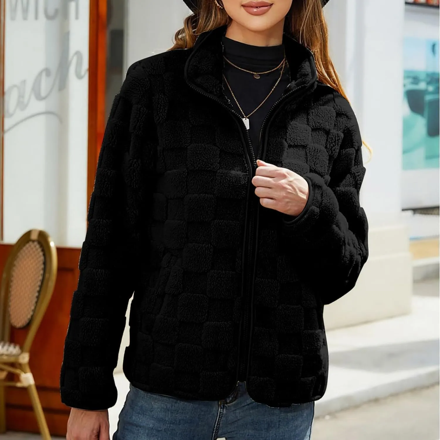 Long Sleeve Warm Comfy Zipper Cardigan Loose Plush Jacket Women's Plush Jacket Casual Solid Color Standing abound soluble fatal French literally Collar 