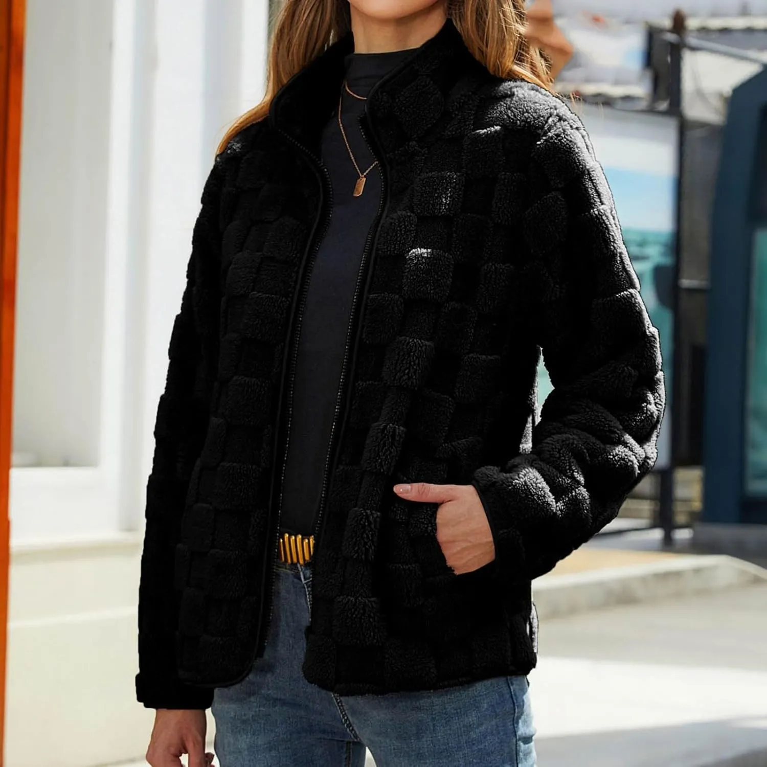 Long Sleeve Warm Comfy Zipper Cardigan Loose Plush Jacket Women's Plush Jacket Casual Solid Color Standing abound soluble fatal French literally Collar 