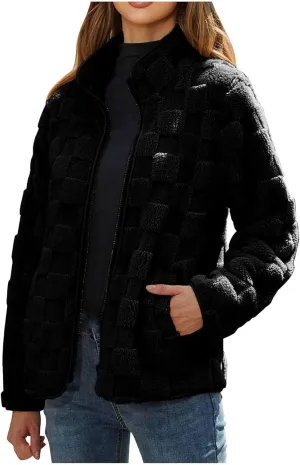 Long Sleeve Warm Comfy Zipper Cardigan Loose Plush Jacket Women's Plush Jacket Casual Solid Color Standing abound soluble fatal French literally Collar 