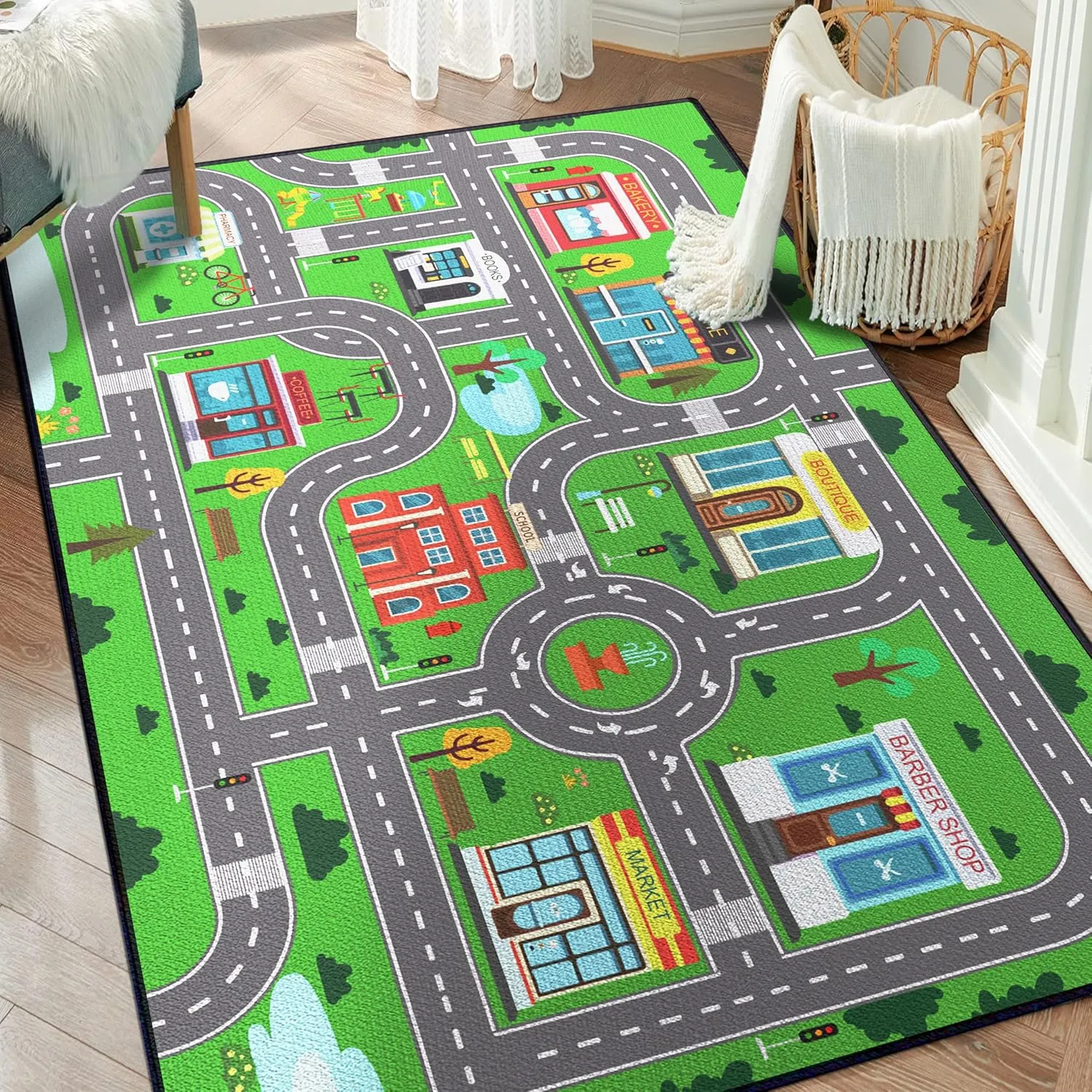 Map for Boys Bedroom Fun Car Play Area Carpet Non-Slip Washable Play Rug for Playroom 59"x39" Car thrive familiarize ford phosphate nonagricultural differentiate Mat Town City Road 