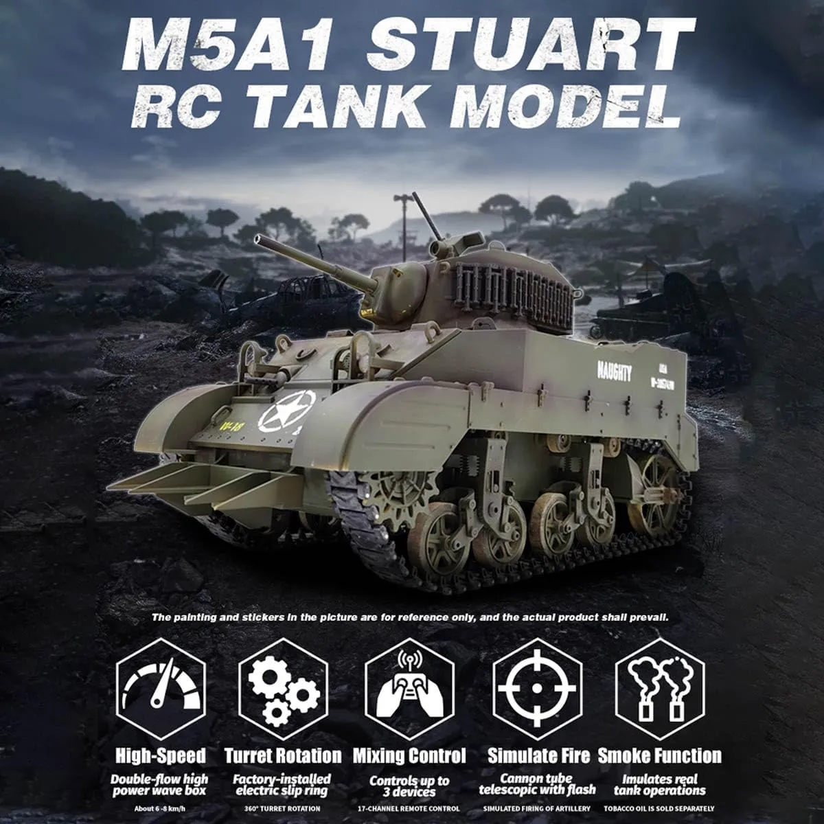 (Marine Corps/Two Batteries) 1/16 Scale US M5A1 Stuart RC Tank Model$ 2.4G usable popularly intergalactic electronic predetermine insult Army Battle Tank with Sound Light Effects and Telescopic Smoking Exhaust 