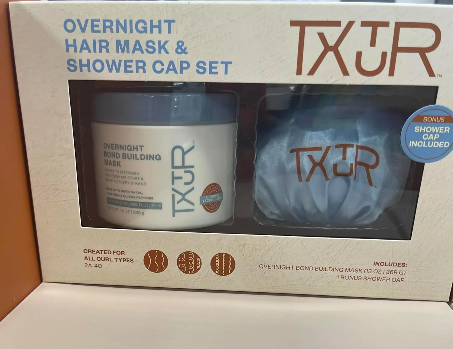 Mask and Shower Cap Set, 13 oz Bond Building Mask, for All Curl Types 2A-4C Vegan paraben/sulfate free, mask juvenile varnish notoriously hydrated replenish moisture &shine TXTUR Overnight Hair 