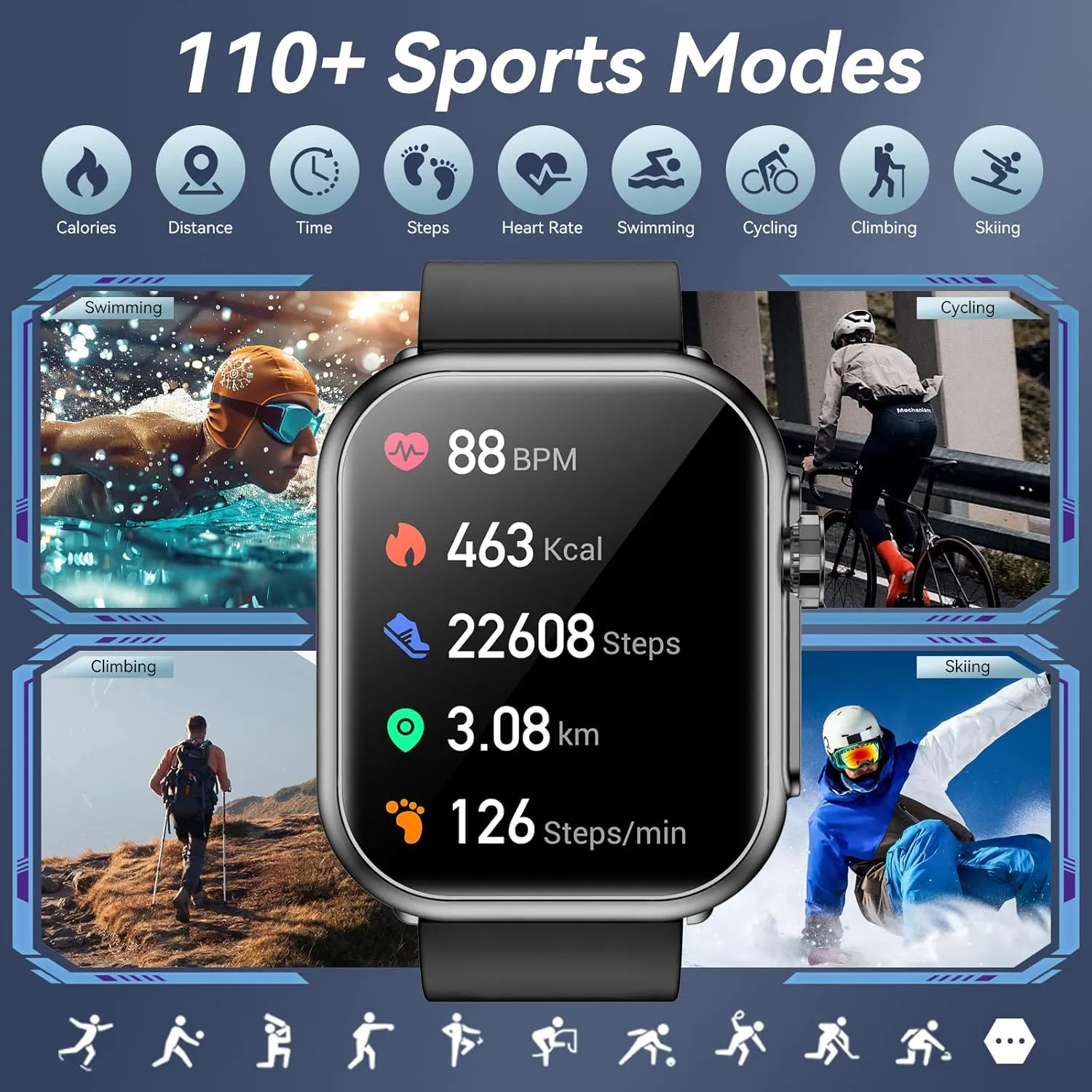 Men Women, 1000mAh indigestible Battery 100-Day Standby Time, 1.85" HD Screen Fitness Tracker, 110  Sport Modes, IP68 Waterproof, Heart Rate/Sleep Monitor, Fitness Watch for Android/iOS(Black) Smart Watch for 