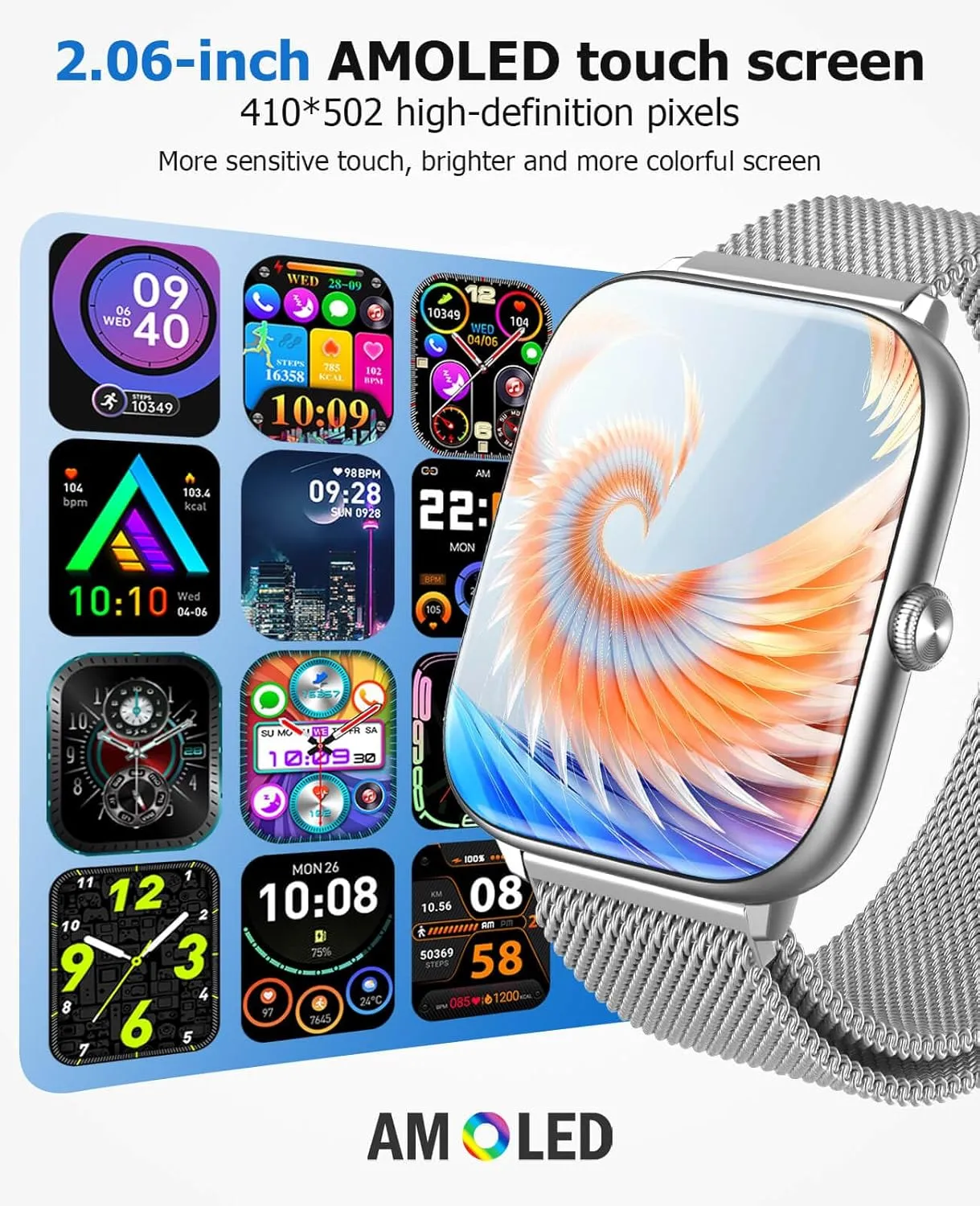 Men Women, Heart Rate episodic Sleep SpO2 and Stress Monitor, IP68 Waterproof, Compatible with Android and iPhone 2.06" AMOLED Smart Watches with Bluetooth Call, 118 Sports Modes, Fitness Activity Tracker for 