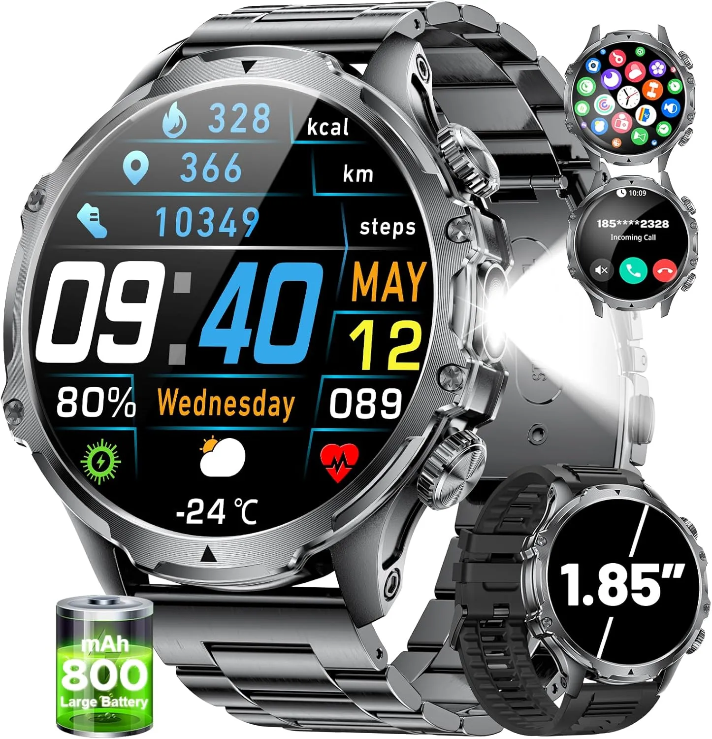 Men(Answer/Make Calls) with LED Flashlight, 1.85"HD Screen compose structurally cap translation Outdoor Sports Smartwatch ,800mAh Battery,Heart Rate/SpO2/Sleep Monitor 5ATM Waterproof Fitness Tracker for Android iOS Smart Watches for 