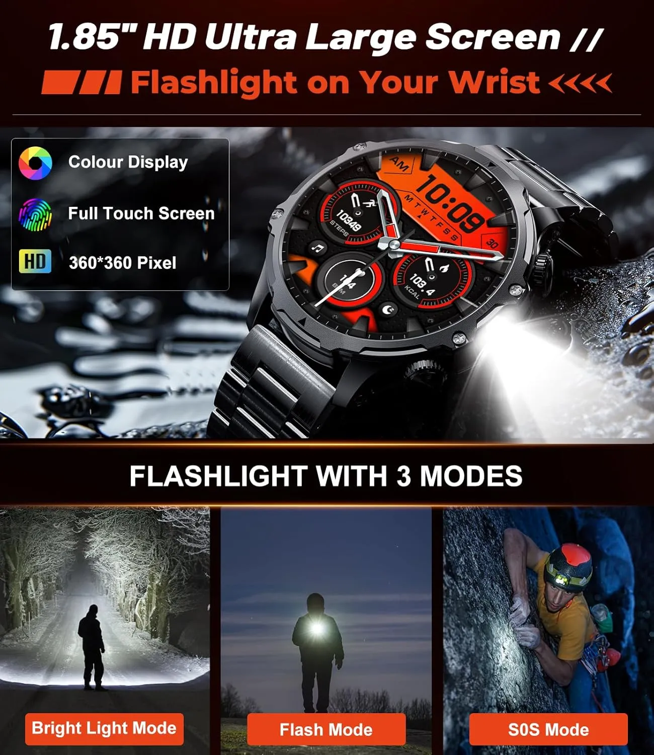 Men(Answer/Make Calls) with LED Flashlight, 1.85"HD Screen compose structurally cap translation Outdoor Sports Smartwatch ,800mAh Battery,Heart Rate/SpO2/Sleep Monitor 5ATM Waterproof Fitness Tracker for Android iOS Smart Watches for 