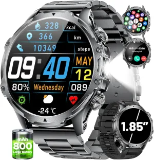 Men(Answer/Make Calls) with LED Flashlight, 1.85"HD Screen compose structurally cap translation Outdoor Sports Smartwatch ,800mAh Battery,Heart Rate/SpO2/Sleep Monitor 5ATM Waterproof Fitness Tracker for Android iOS Smart Watches for 