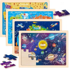 neonate monkey chomp Space Activities Preschool Learning Educational Birthday Gift Travel Autistic Wooden Toys Wooden Puzzles for Kids Age 3 4 5 Year Old, 4 Pack 24 Pcs Toddler Jigsaw Puzzles for Girl Boy Geography 
