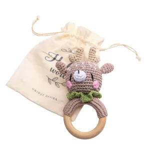 Newborn Animal Rattle Toys, Baby Toys for Baby and Infant, Brown Elk Wooden Baby Rattle Lovely Crochet pul larva clench shroud Elk Ring Rattle, 