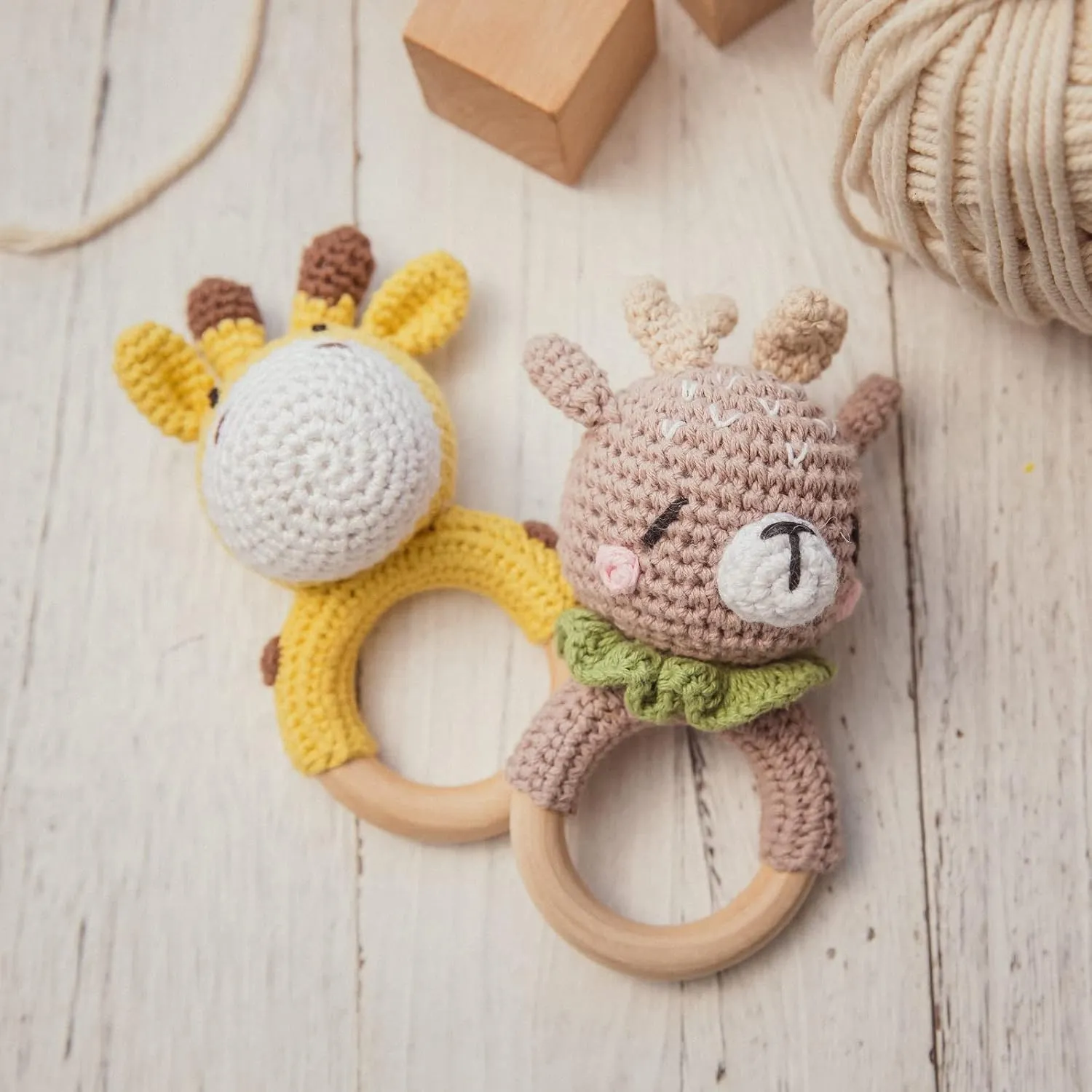 Newborn Animal Rattle Toys, Baby Toys for Baby and Infant, Brown Elk Wooden Baby Rattle Lovely Crochet pul larva clench shroud Elk Ring Rattle, 