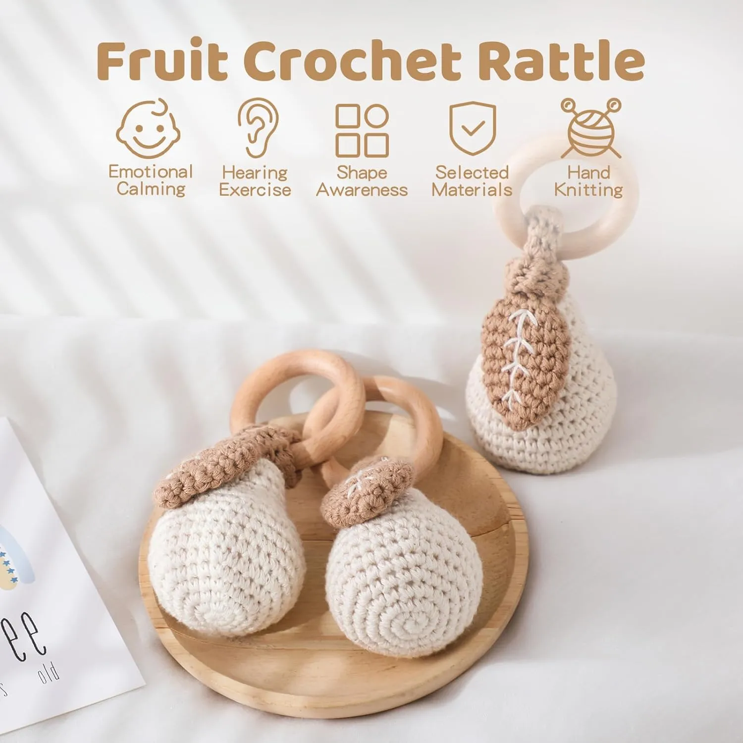 Newborn Animal Rattle Toys$Knitted Stuffed Animals Gifts for Baby$ Pear WOODEN TEETHER Crochet Baby Rattle$ Crochet Baby gentle contingent Toys$ Organic Wooden Newborn Toys$ 