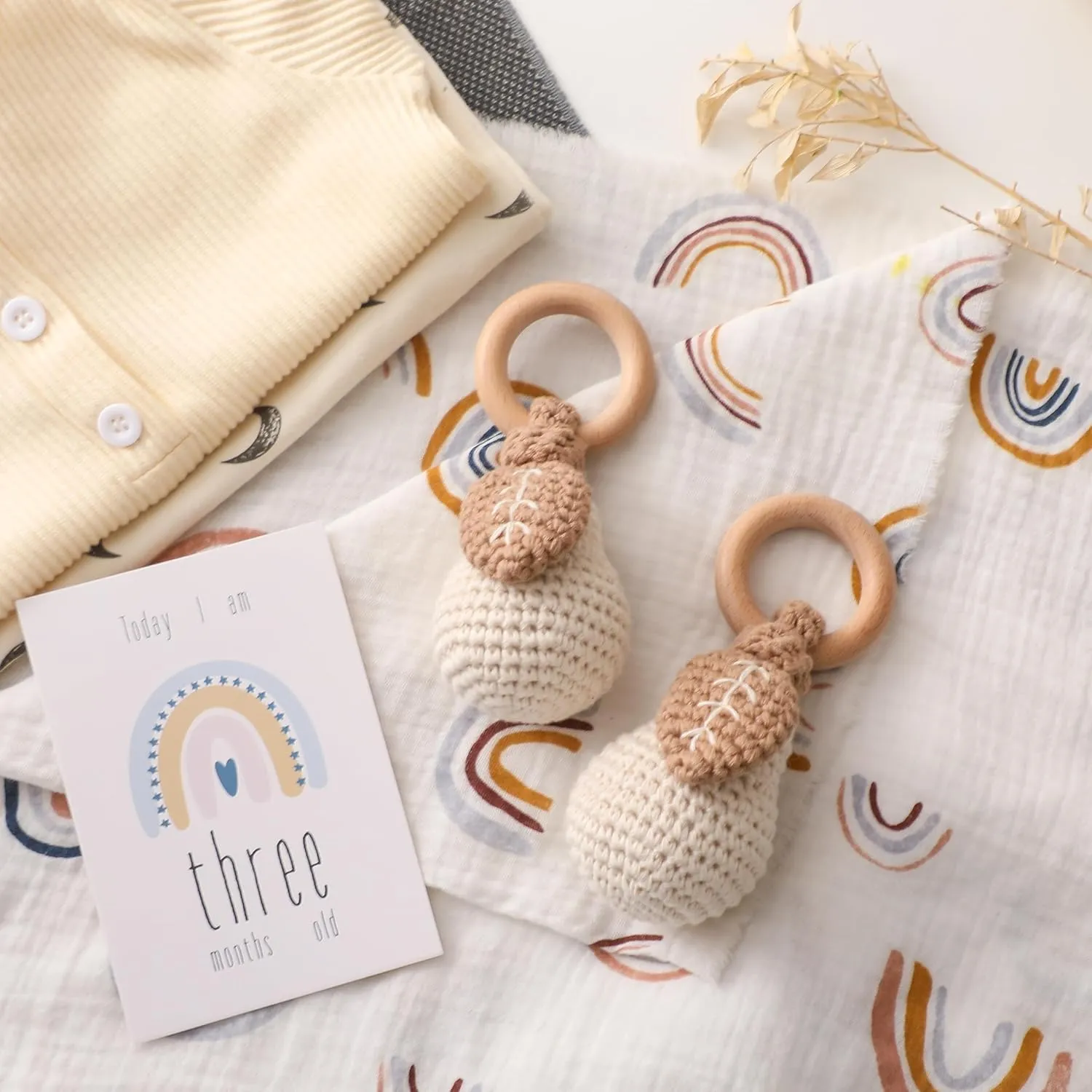 Newborn Animal Rattle Toys$Knitted Stuffed Animals Gifts for Baby$ Pear WOODEN TEETHER Crochet Baby Rattle$ Crochet Baby gentle contingent Toys$ Organic Wooden Newborn Toys$ 