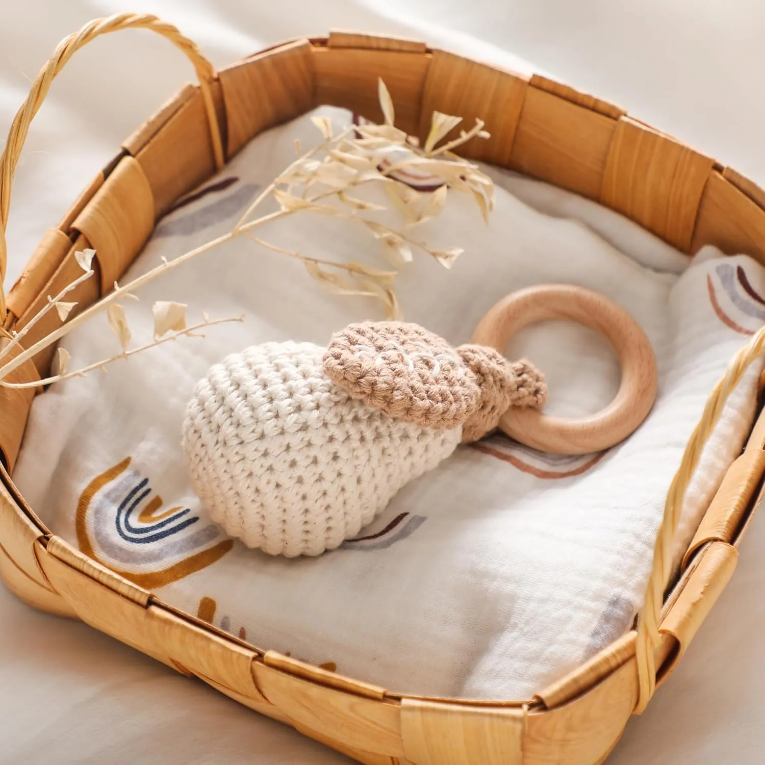Newborn Animal Rattle Toys$Knitted Stuffed Animals Gifts for Baby$ Pear WOODEN TEETHER Crochet Baby Rattle$ Crochet Baby gentle contingent Toys$ Organic Wooden Newborn Toys$ 