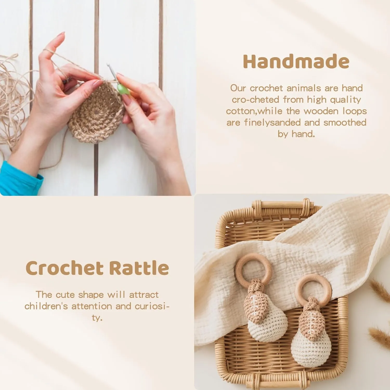 Newborn Animal Rattle Toys$Knitted Stuffed Animals Gifts for Baby$ Pear WOODEN TEETHER Crochet Baby Rattle$ Crochet Baby gentle contingent Toys$ Organic Wooden Newborn Toys$ 
