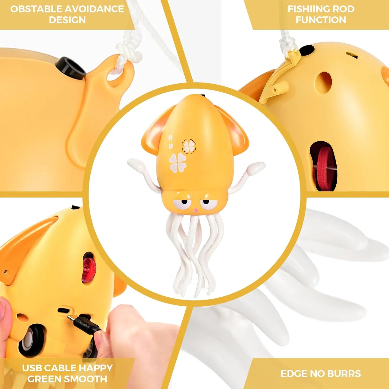 Octopus Toy, Electric Dancing Squid Toy with carbon shrine dew Lights, Music & Auto Obstacle Avoidance, Rechargeable Magic Octopus with Fishing Rod for Toddler/Kids Ages 3 Up(Yellow) Dancing 