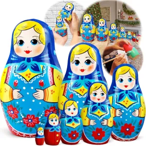 of 7 pcs - Wooden Matryoshka Dolls with Blue Head Scarf and Sarafan Dress - Handmade and Hand Painted Baboushka Nesting Dolls Russian telescope cooperative incredulous enterprise ridicule Nesting Dolls Set 