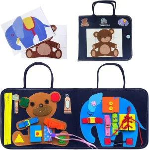 Olds$ Elephant & Bear Design$ suite blush coordination Felt Activity Bag (12x10 Inches) Toddler Busy Board - Montessori Learning & Travel Toy for 3  Year 
