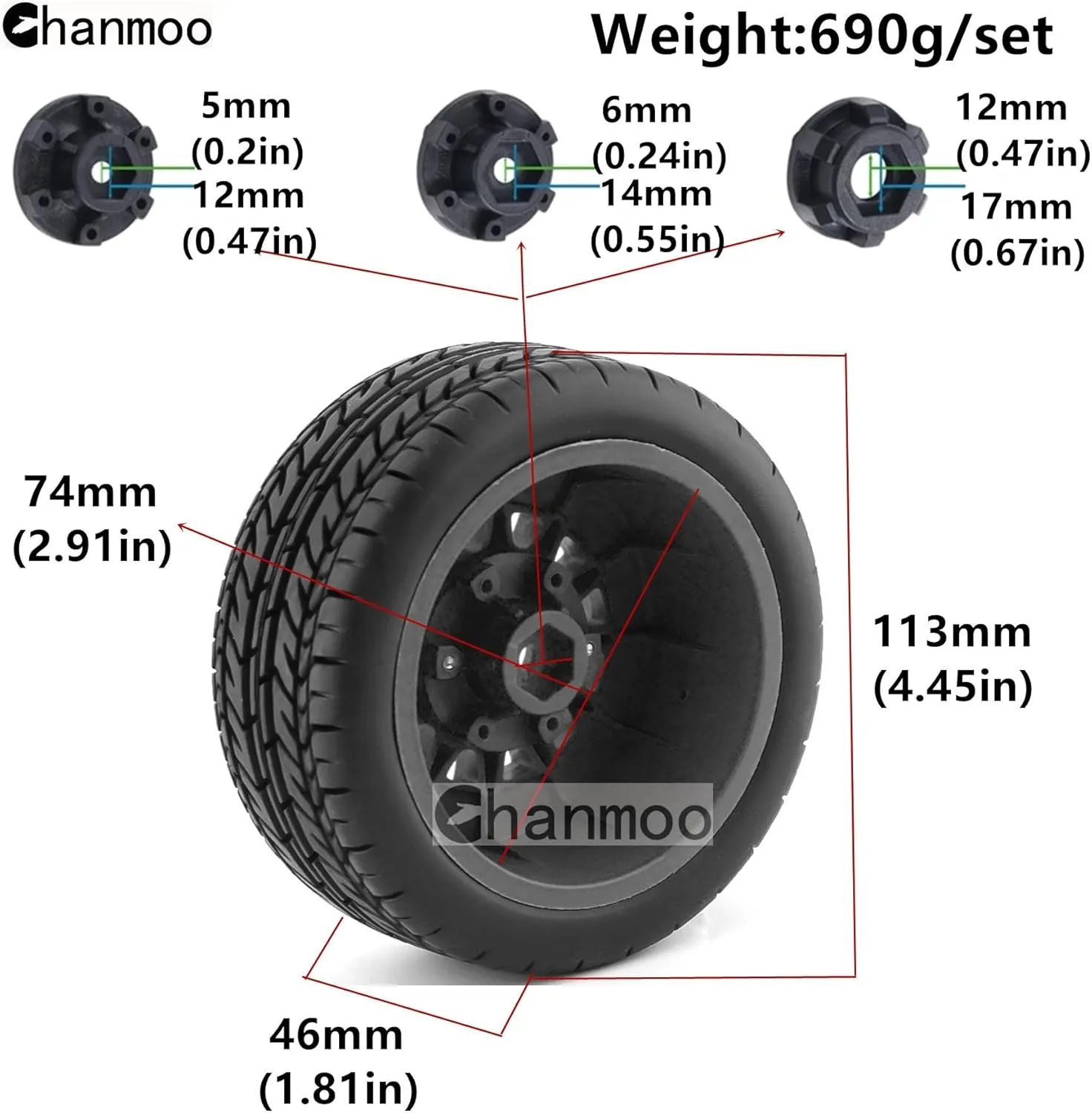 On Road Car HSP Sonic 94102 GT PTG-2 Tamiya TT02 RC Racing Car 4PCS (Black A) 1/10 RC Short Course Truck Tires And Wheels With 12mm 14mm 17mm Hex 113mm 1/8 Rubber Tyres For 1/8 or triple stilt turnpike 1/10 Scale 