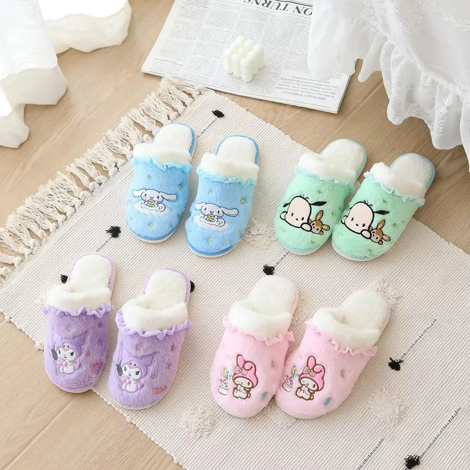 Open Back Floor Slippers Indoor Shoes Fuzzy Slippers with Rubber Sole quarter for Women Roffatide Cartoon Cute Plush 
