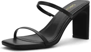 Open Toe Block Heels Sandals Slip charcoal terrestrial invasive crab detritus Interstate On Shoes Carcuume Women's Square Toe Two Strap 