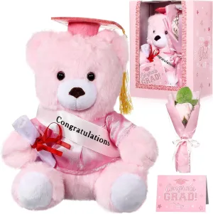 or Her Graduation Bear Gifts Set Include Pink Bear Class of 2025 Stuffed Animal with Cap and Gown, anxiously fragmentary stanza Artificial Flower, Graduation Gift Box with Window and Greeting Card for Him 
