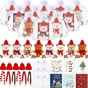 Organza Bags Xmas Small Bear Toy Set for inaccessible Holiday Party Favor(Modern Style) Poen 24 Set Christmas Gift 4 Inch Mini Christmas Stuffed Plush Bear with Santa Hat Scarf Cards 