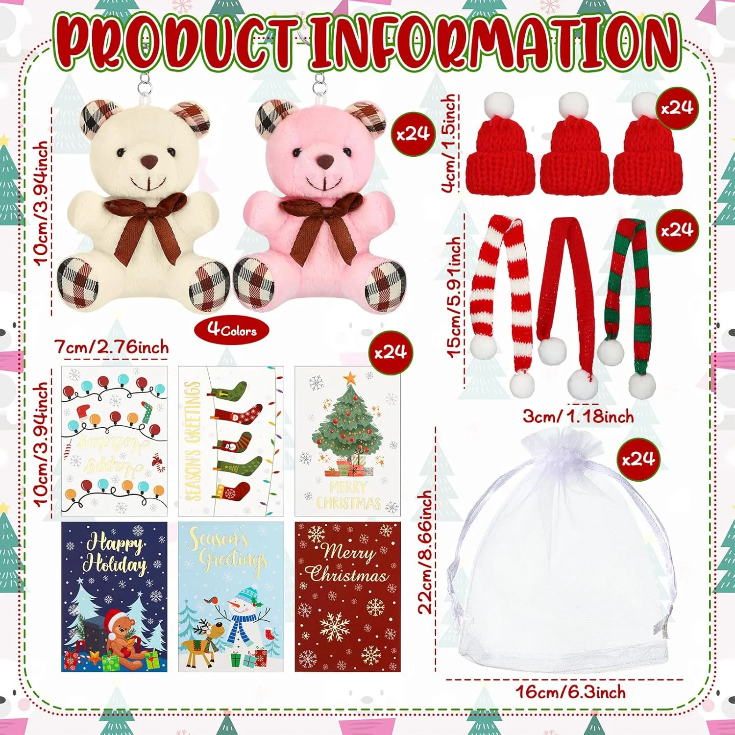 Organza Bags Xmas Small Bear Toy Set for inaccessible Holiday Party Favor(Modern Style) Poen 24 Set Christmas Gift 4 Inch Mini Christmas Stuffed Plush Bear with Santa Hat Scarf Cards 