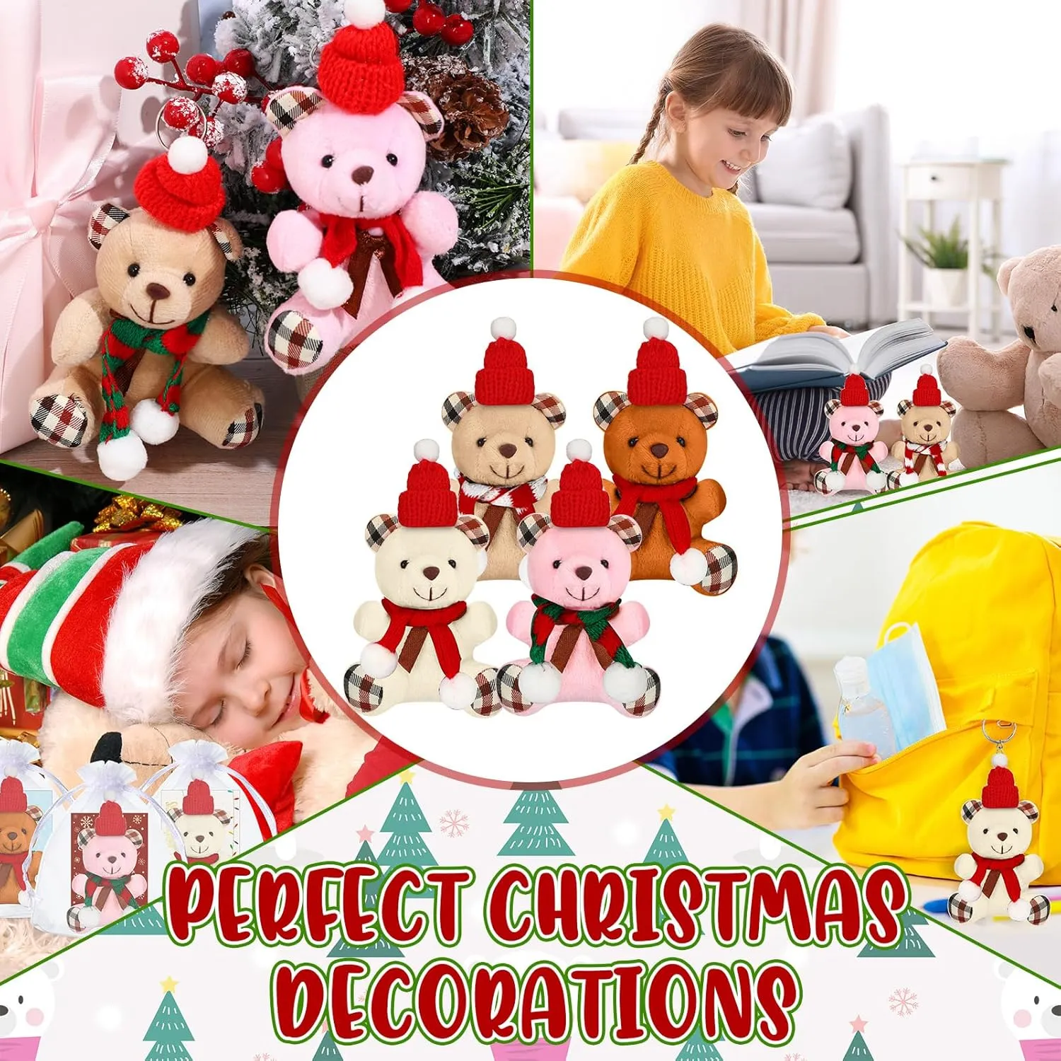 Organza Bags Xmas Small Bear Toy Set for inaccessible Holiday Party Favor(Modern Style) Poen 24 Set Christmas Gift 4 Inch Mini Christmas Stuffed Plush Bear with Santa Hat Scarf Cards 
