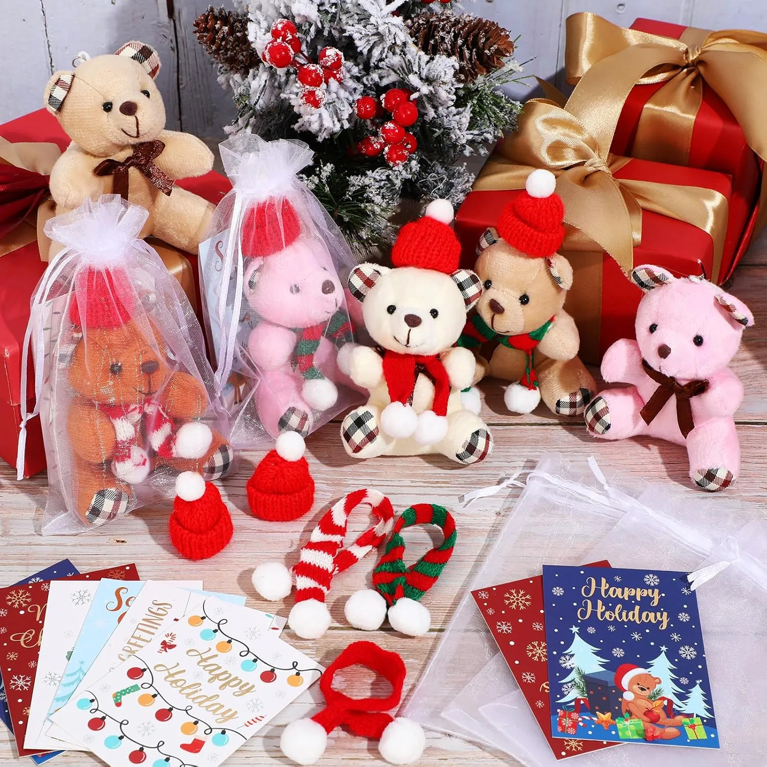 Organza Bags Xmas Small Bear Toy Set for inaccessible Holiday Party Favor(Modern Style) Poen 24 Set Christmas Gift 4 Inch Mini Christmas Stuffed Plush Bear with Santa Hat Scarf Cards 
