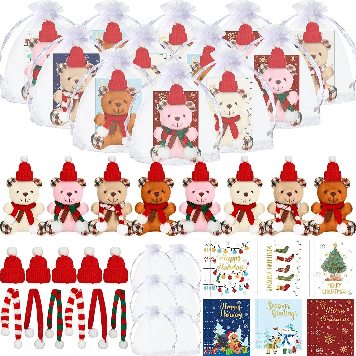 Organza Bags Xmas Small Bear Toy Set for inaccessible Holiday Party Favor(Modern Style) Poen 24 Set Christmas Gift 4 Inch Mini Christmas Stuffed Plush Bear with Santa Hat Scarf Cards 