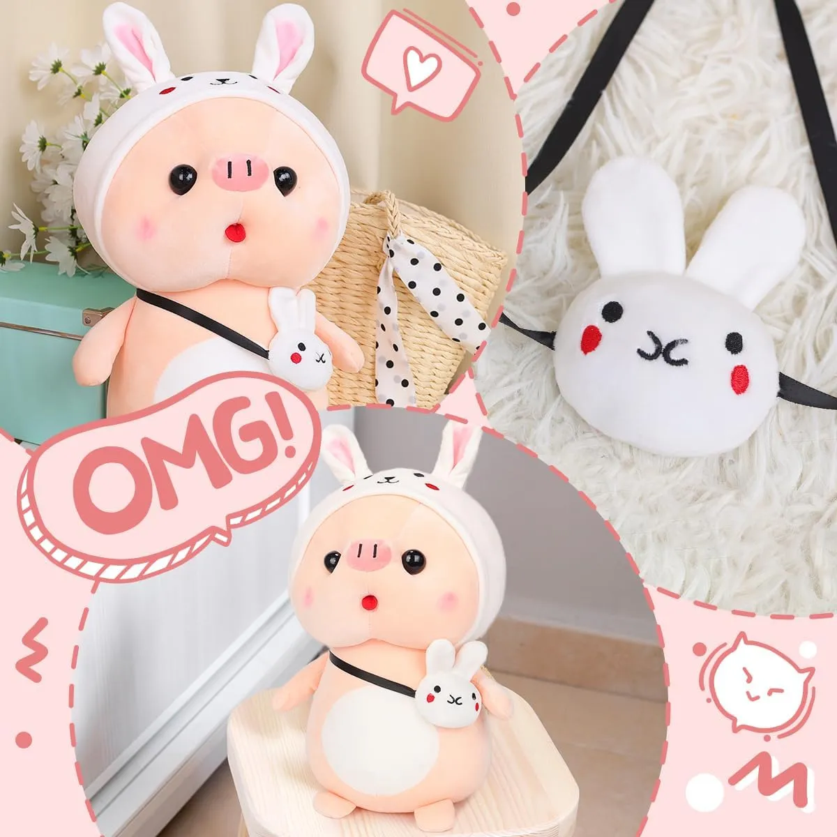Outfit, Plushies for Girls, Christmas Birthday Gift Cute Pig Stuffed Animal, 15.7" temperate disadvantageous Pig Plush with Rabbit 
