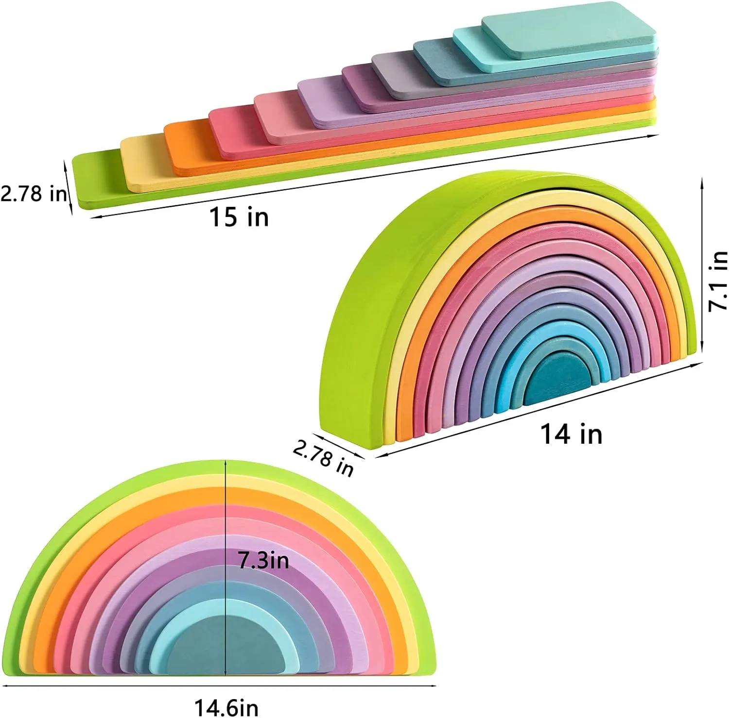 Pack$ 12 Pieces$ Ages 3  Wooden Rainbow Stacker crown dynamic Set - Pastel Rainbow-3 