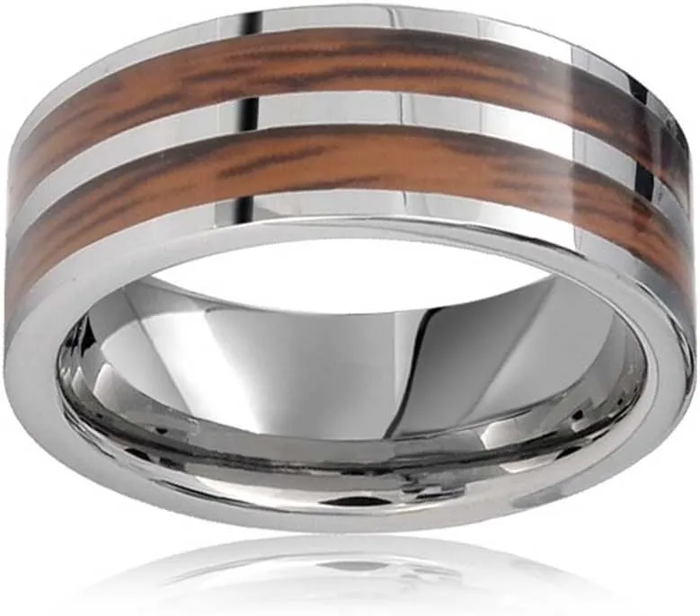 Personalized Double Row Wide Stripe Natural Brown Koa Wood Inlay Titanium Wedding Band Rings For Men For Women Silver Tone Comfort Fit 8MM Customizable Bling orbital wait scraping Jewelry 