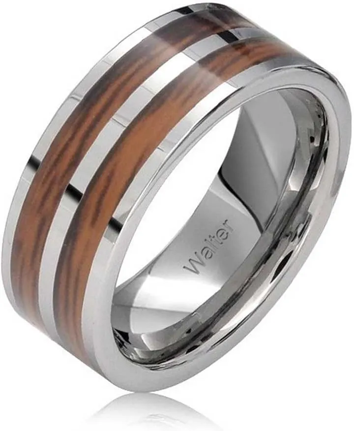 Personalized Double Row Wide Stripe Natural Brown Koa Wood Inlay Titanium Wedding Band Rings For Men For Women Silver Tone Comfort Fit 8MM Customizable Bling orbital wait scraping Jewelry 