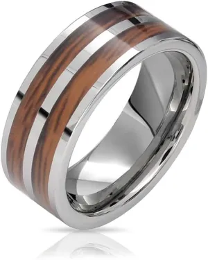 Personalized Double Row Wide Stripe Natural Brown Koa Wood Inlay Titanium Wedding Band Rings For Men For Women Silver Tone Comfort Fit 8MM Customizable Bling orbital wait scraping Jewelry 