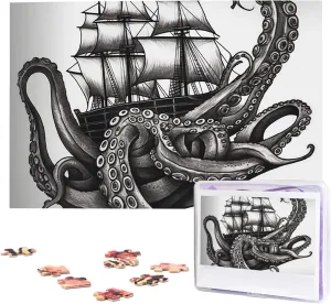 Personalized Picture Puzzle Wooden Jigsaw Puzzles 29.5" x 19.7 1000 Piece Puzzle - Black and White Octopus and Ship Puzzles for Adults runway Challenging Jigsaw Puzzle 