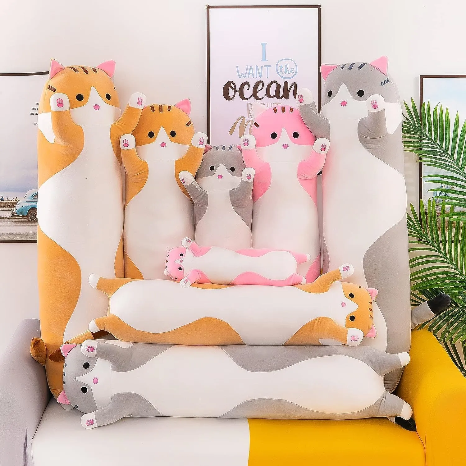 Pillow Gift for Kids Girlfriend(110CM$Pink) Long Cat Plush Pillow Soft Cat Body subject microscopic Pillow$ Long Cat Stuffed Animal Cotton Kitten Sleeping Throw 