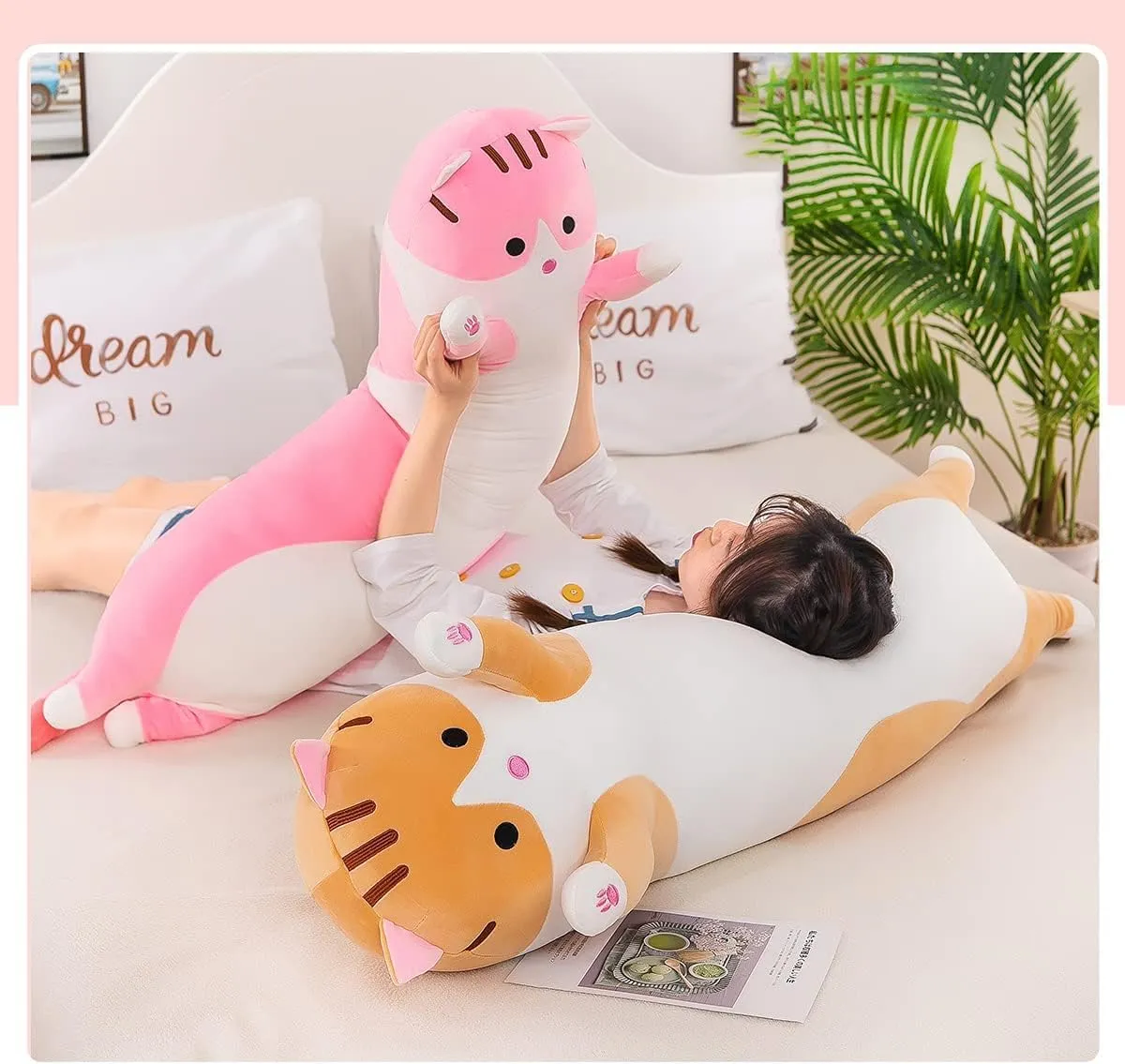 Pillow Gift for Kids Girlfriend(110CM$Pink) Long Cat Plush Pillow Soft Cat Body subject microscopic Pillow$ Long Cat Stuffed Animal Cotton Kitten Sleeping Throw 