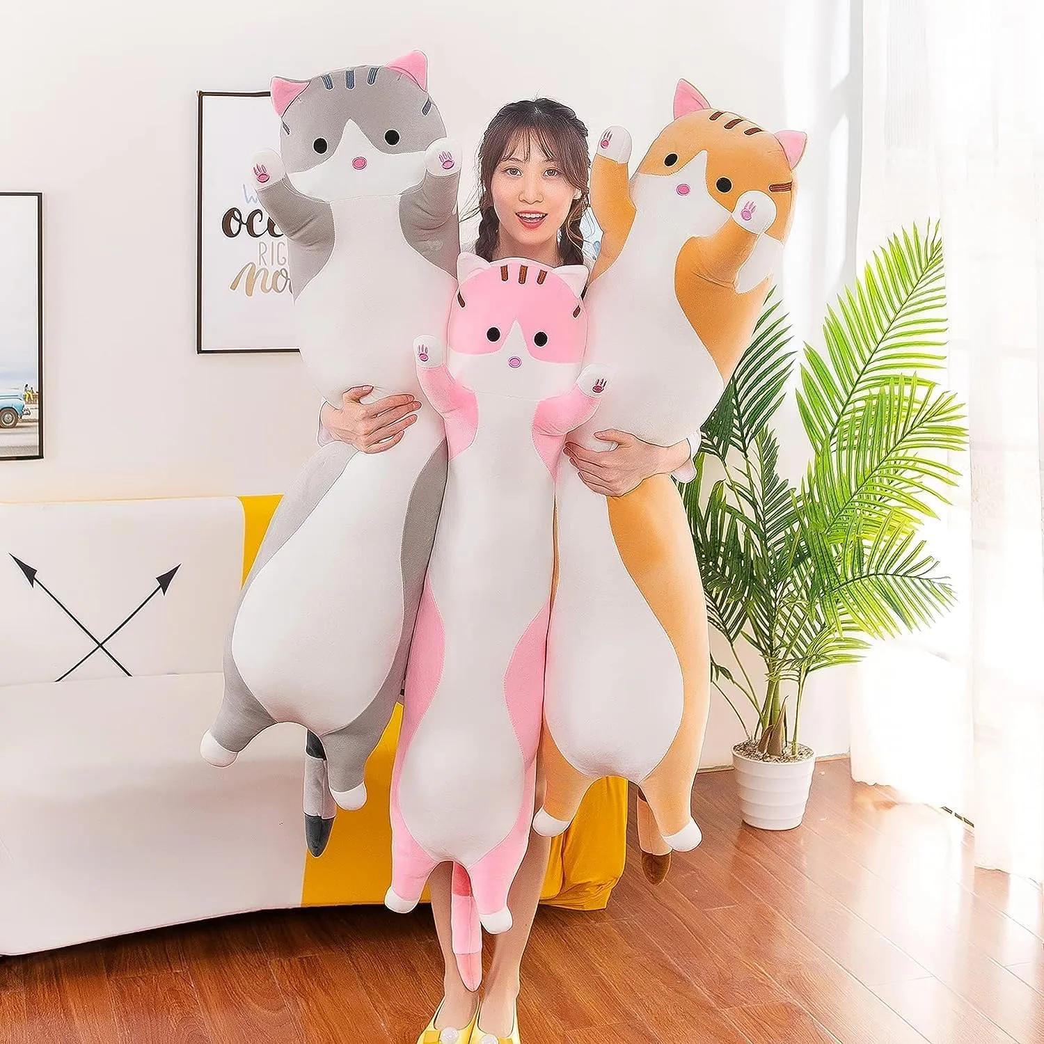 Pillow Gift for Kids Girlfriend(110CM$Pink) Long Cat Plush Pillow Soft Cat Body subject microscopic Pillow$ Long Cat Stuffed Animal Cotton Kitten Sleeping Throw 