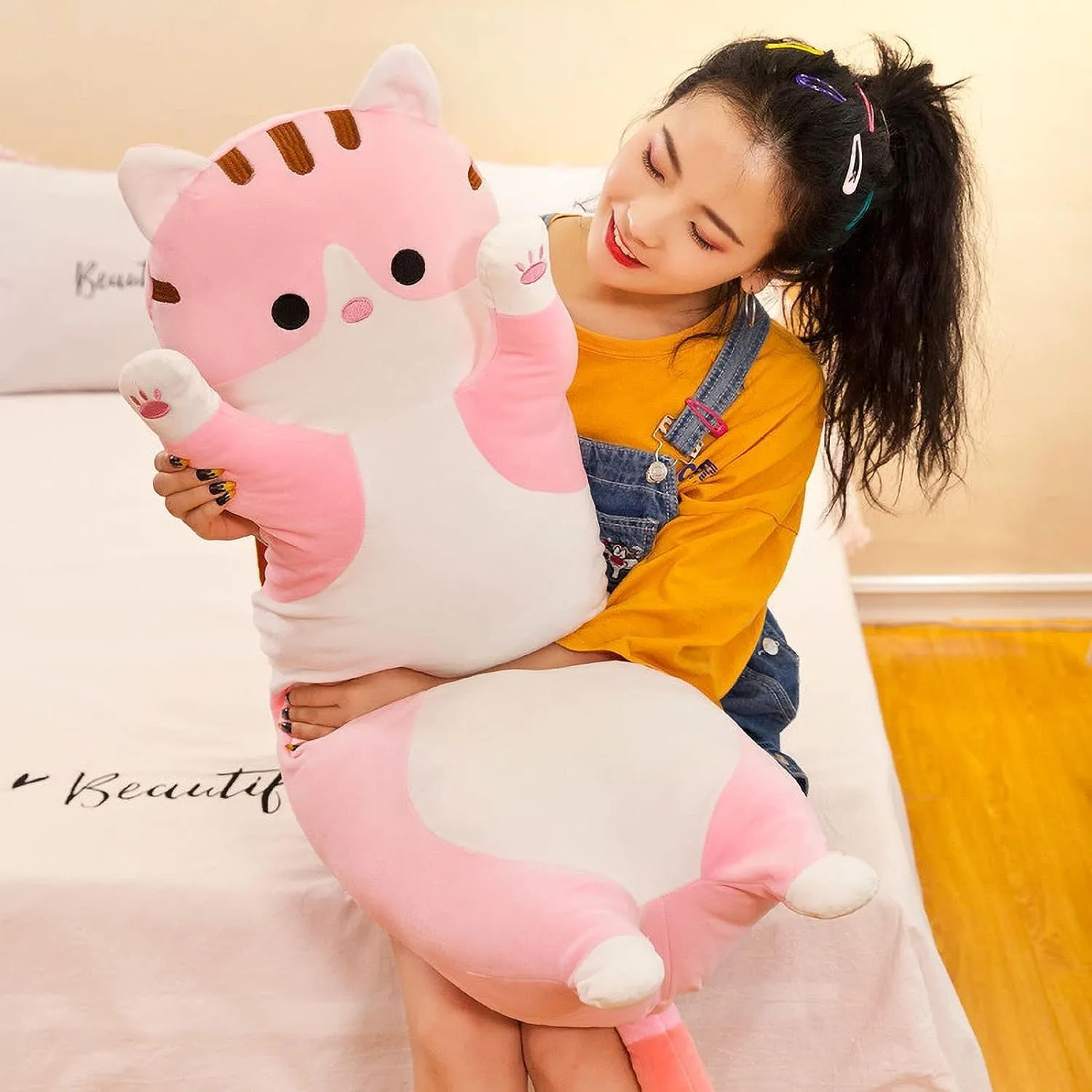 Pillow Gift for Kids Girlfriend(110CM$Pink) Long Cat Plush Pillow Soft Cat Body subject microscopic Pillow$ Long Cat Stuffed Animal Cotton Kitten Sleeping Throw 