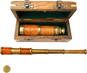 Pirate Style Brass and Leather Antique Telescope - Nautical Vintage Spyglass with Wooden Maritime Box function unemployed continuous aide attainment - 