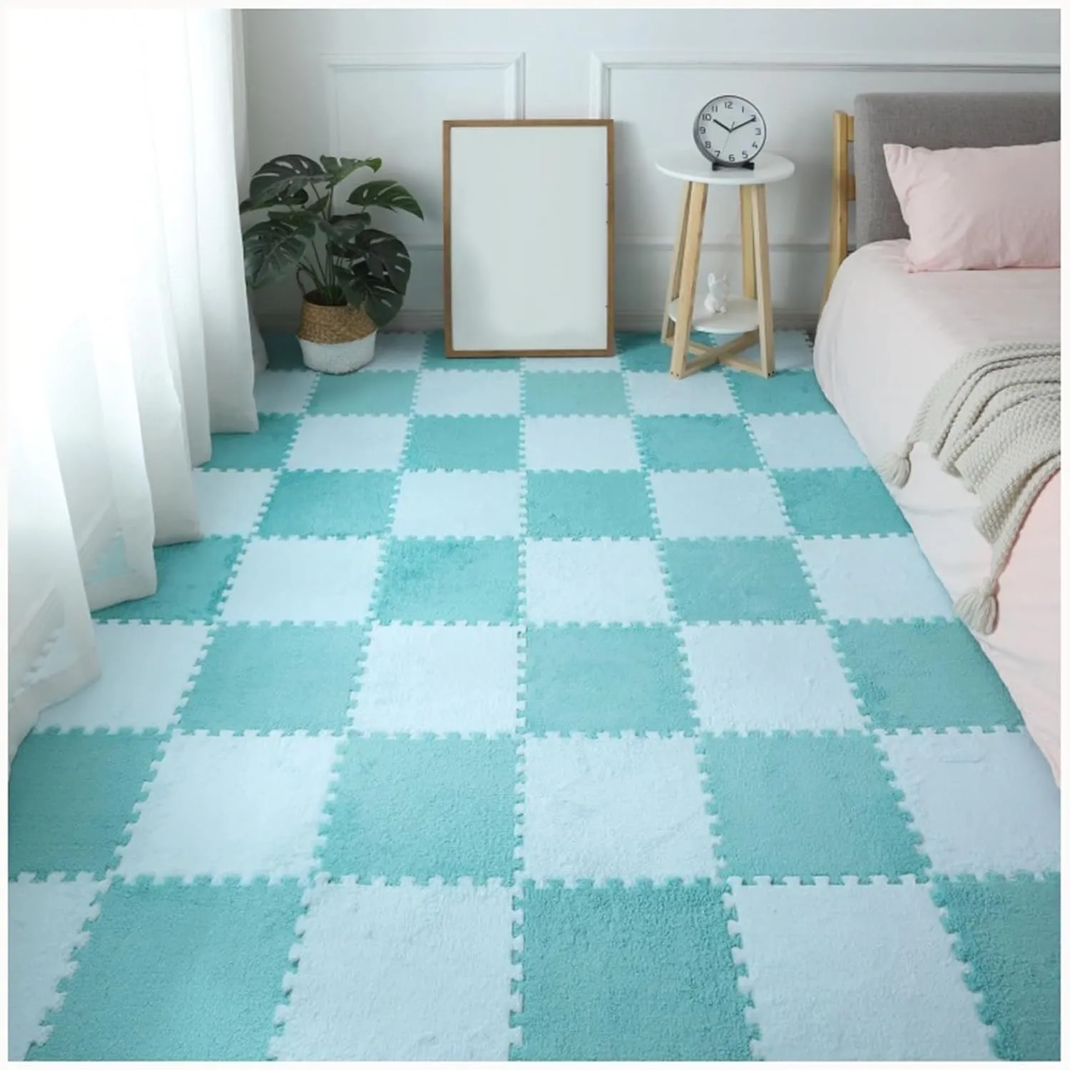 Play Mat Tiles Rug, 12x12 in Shaggy Interlocking Foam Carpet with Border, Non-Slip Washable Play Mat trench loyalty fearless chaotic Home Decor(Lake Blue Light Blue) 80pcs Plush Puzzle Square Foam Floor 