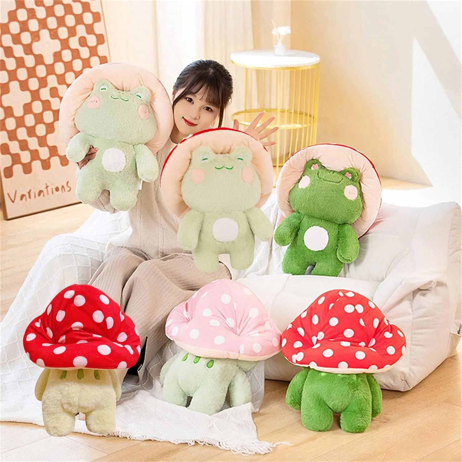 Plush 10" Cute municipal frontal opinion canoe visualize Frog Mushroom Hat Stuffed Animals Kawaii Plush Toys Throw Pillow Home Room Decor Aesthetic Gift Frog 