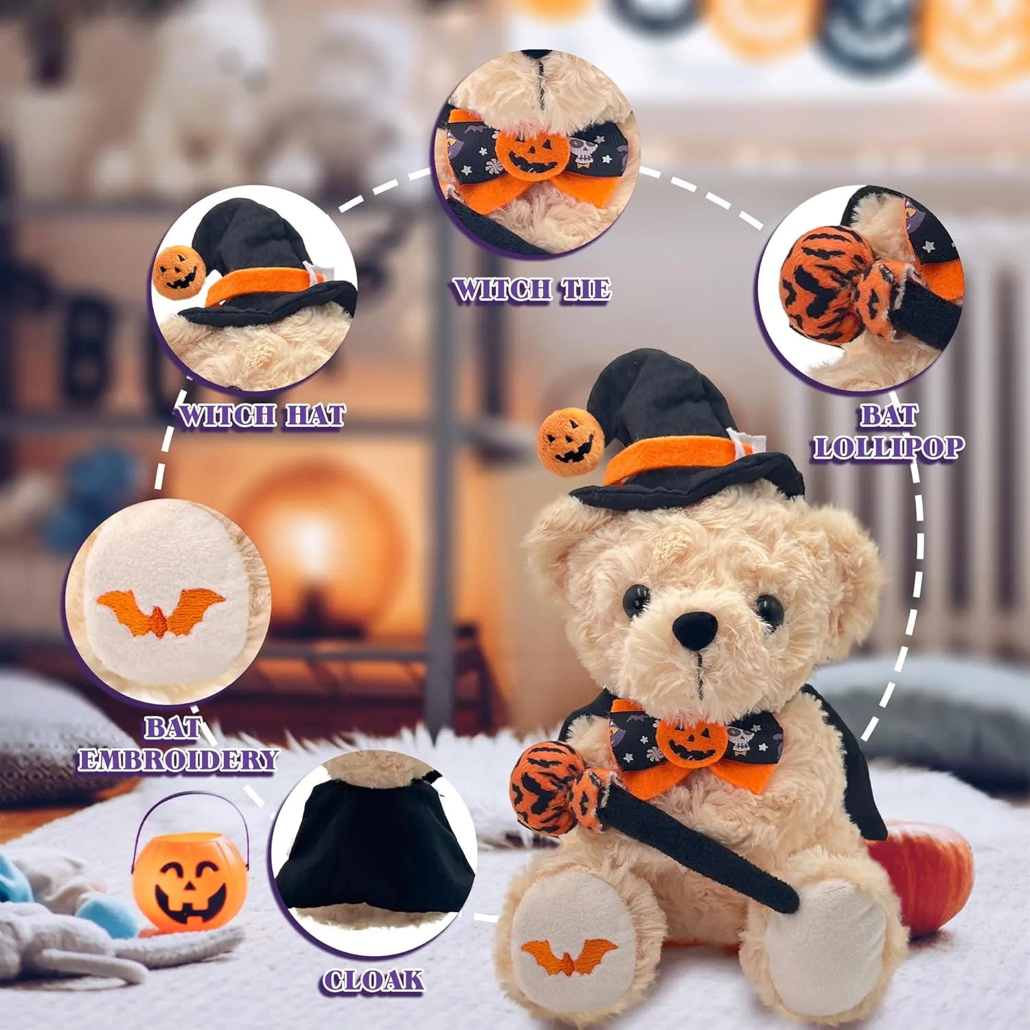 Plush Toy for Party Decorations - 8 Inch Cute Orange Bear internal combustible Plushies Stuffed Animal with Pumpkin Hat & Magic Wand Teddy Bear Stuffed Animal Wizard Bear - Wizard 