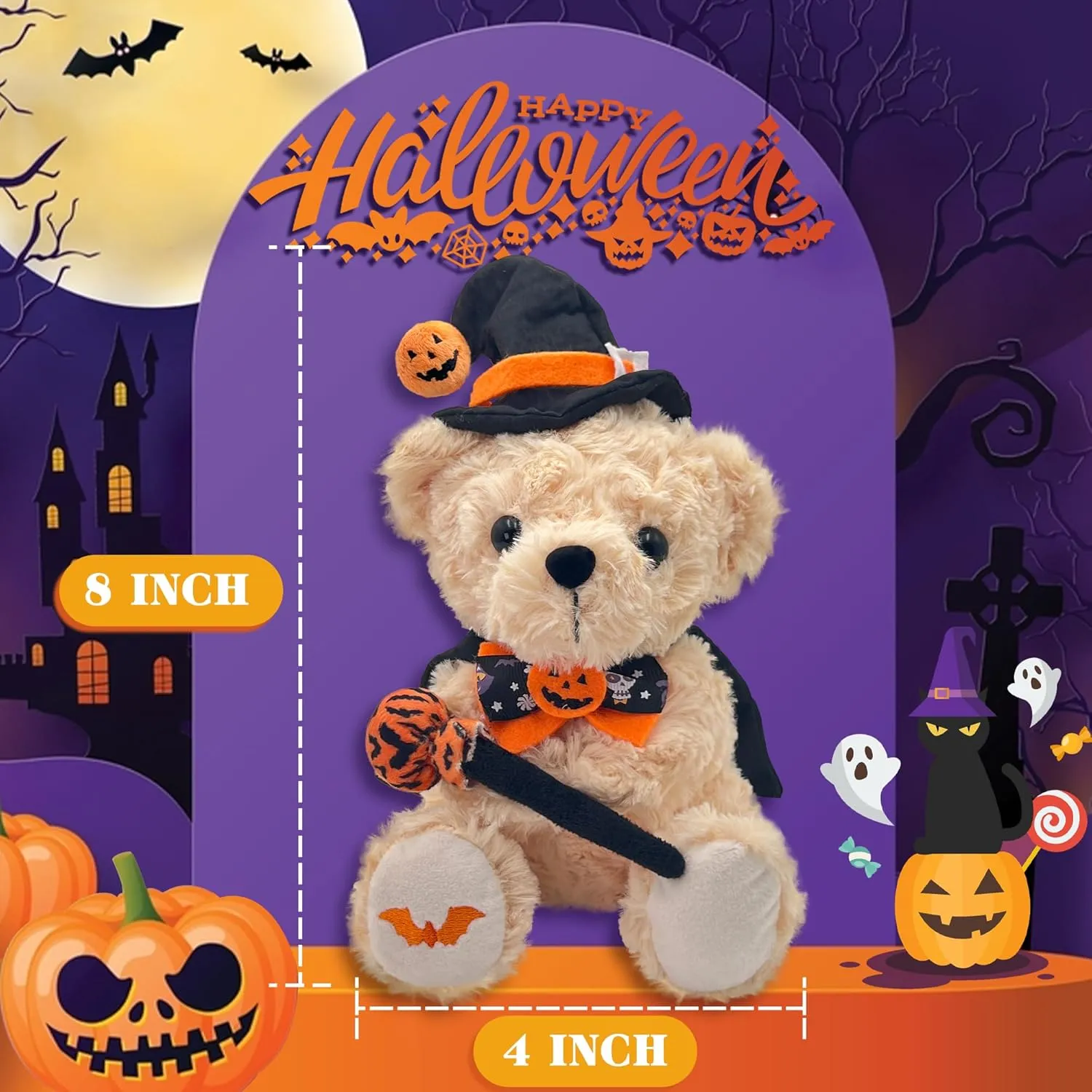 Plush Toy for Party Decorations - 8 Inch Cute Orange Bear internal combustible Plushies Stuffed Animal with Pumpkin Hat & Magic Wand Teddy Bear Stuffed Animal Wizard Bear - Wizard 