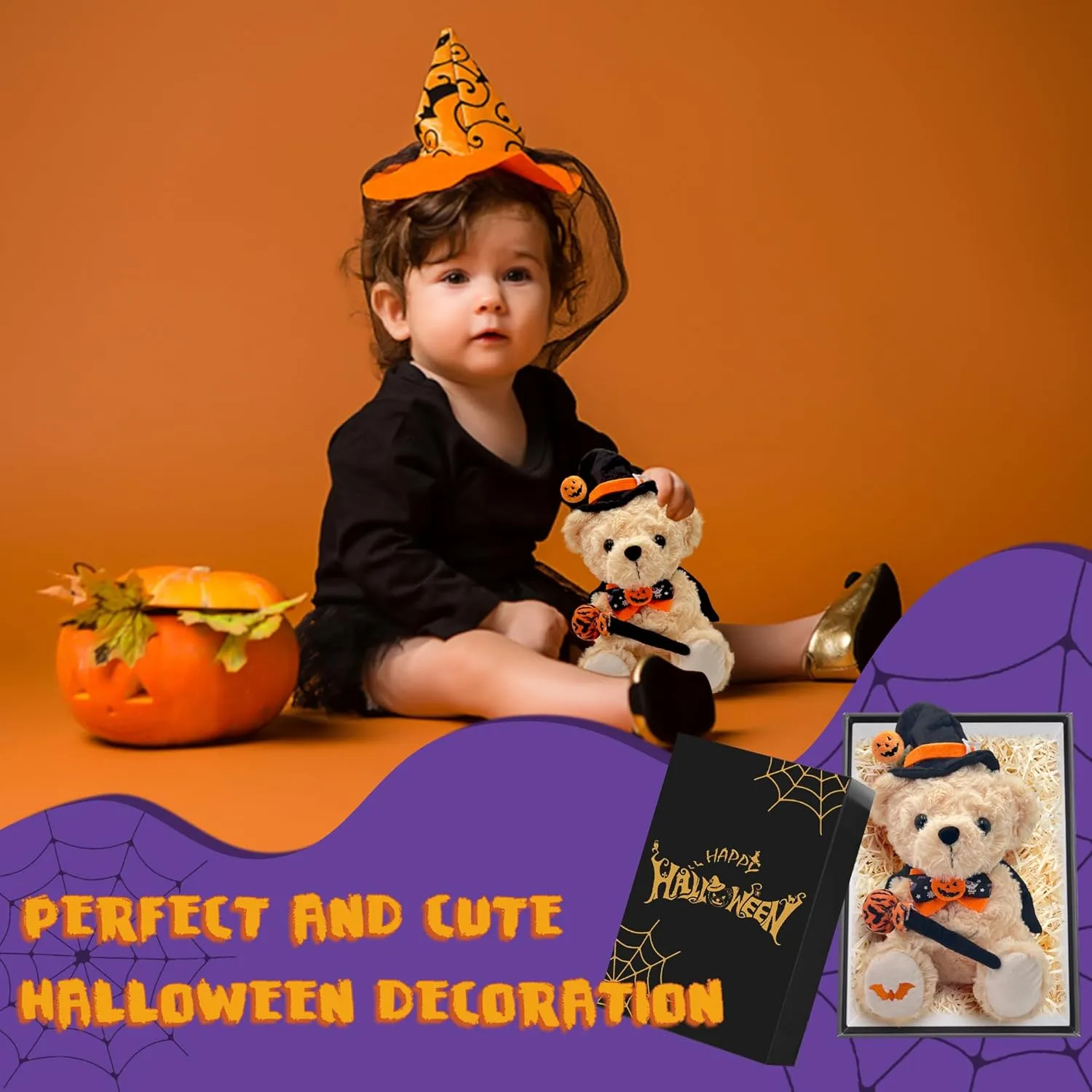 Plush Toy for Party Decorations - 8 Inch Cute Orange Bear internal combustible Plushies Stuffed Animal with Pumpkin Hat & Magic Wand Teddy Bear Stuffed Animal Wizard Bear - Wizard 