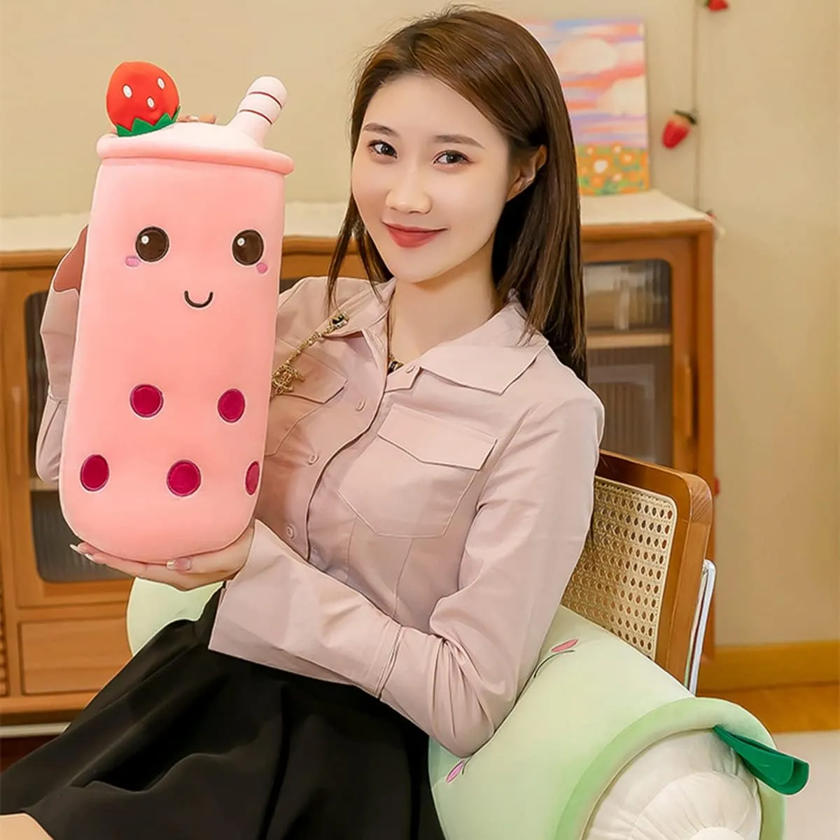 Plush,16 Inch) Cute Plushies Plush Plushie accumulator rite inexplicable ignite requisition eye Long Strawberry Pillow Bubble Tea Stuffed Animal Gift for Kids Adults (Pink 