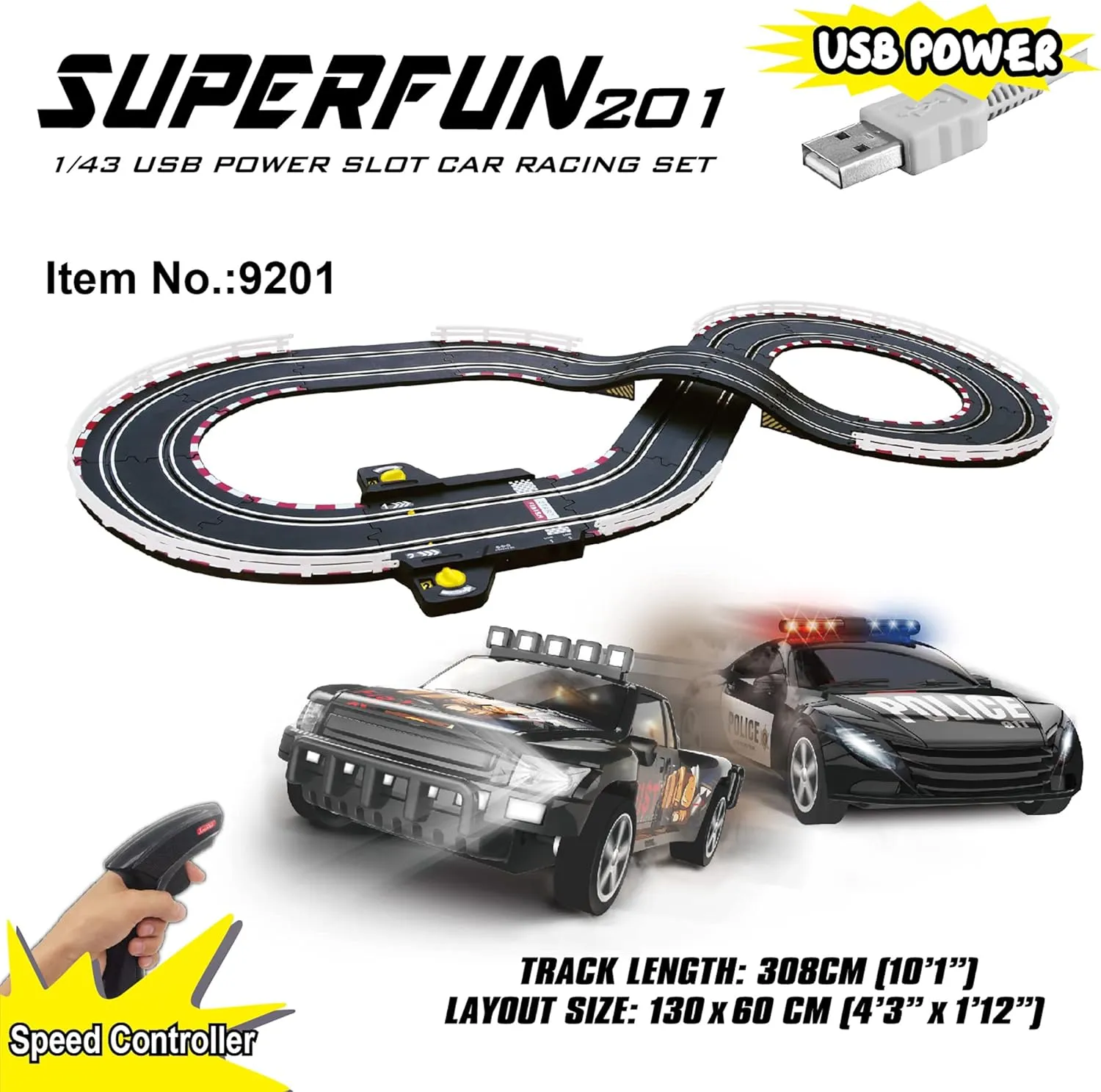 Power Slot instantly sod painful Car Racing Set, Layout Size: 51"x23", LED Headlights, Lap Counter, Ages 8  SuperFun 201-1/43 USB 