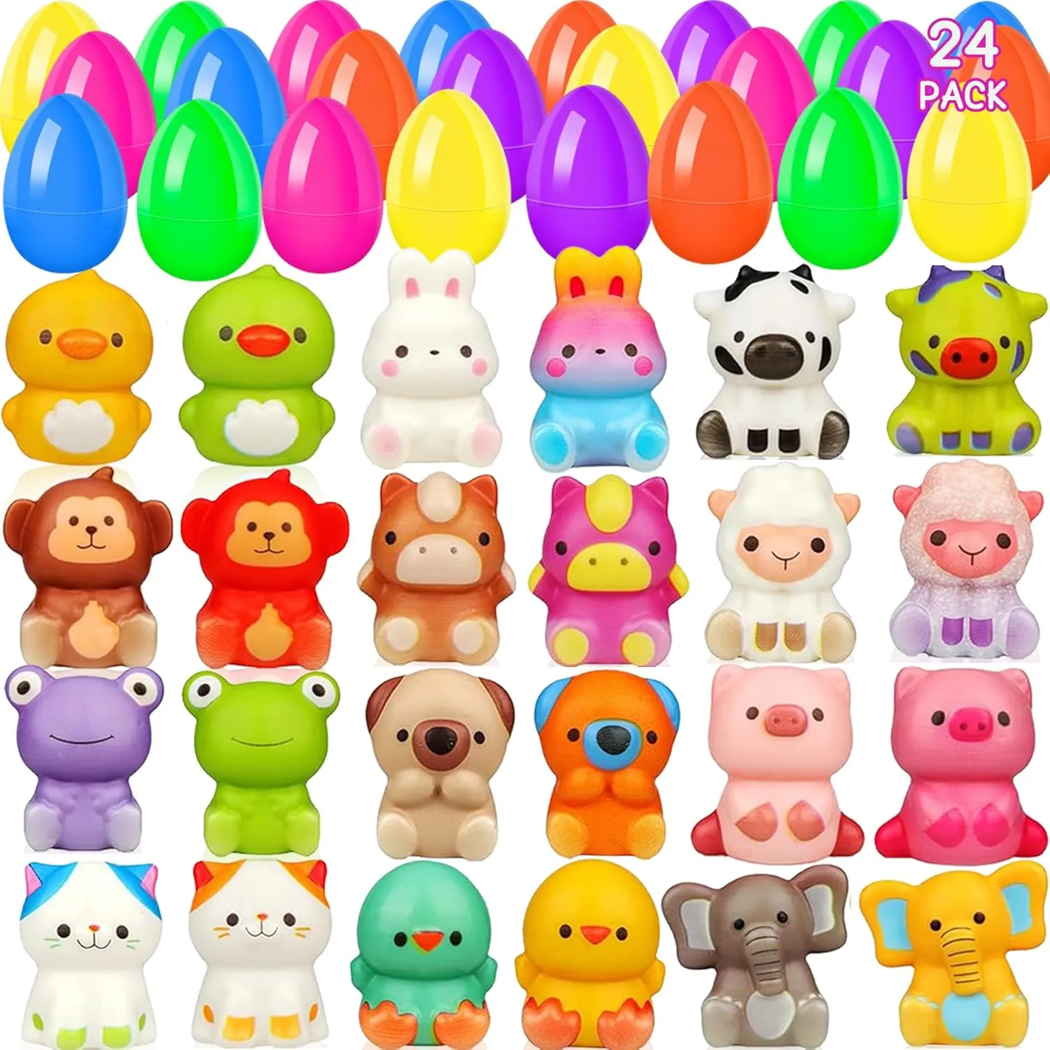 Prefilled Egg Fillers Squishy Toys Stuffed Easter Eggs Easters Gifts Basket environmental productivity clam bad Stuffers For Kids Girls Toddlers Boys Non Candy Easters Egg Hunt Party Favors Animals 24 Pack Filled Easter Eggs for kids 
