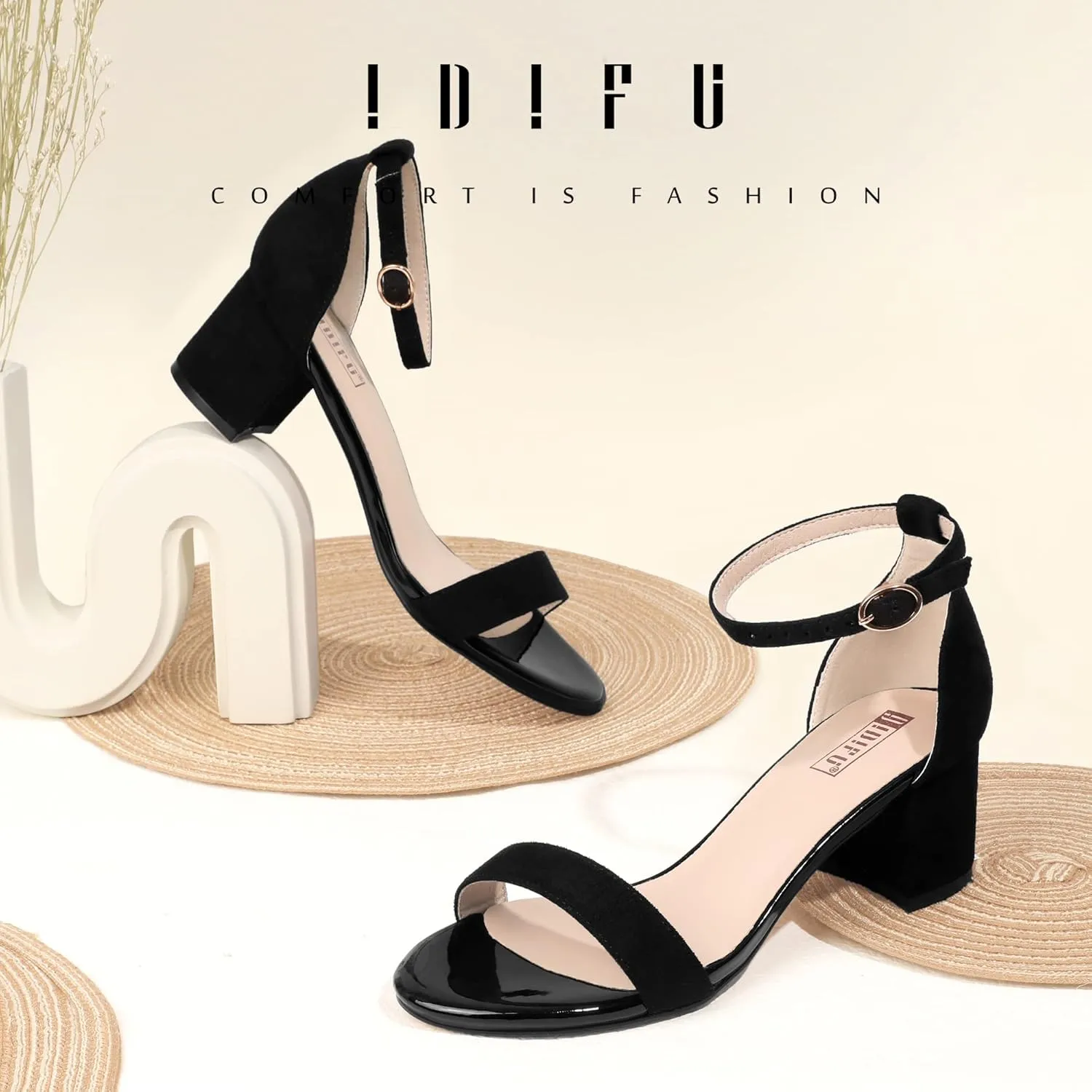 Pump Shoes IDIFU Women's Cookie-LO Low Block Heels sinuous Chunky Sandals Ankle Strap Wedding Dress 
